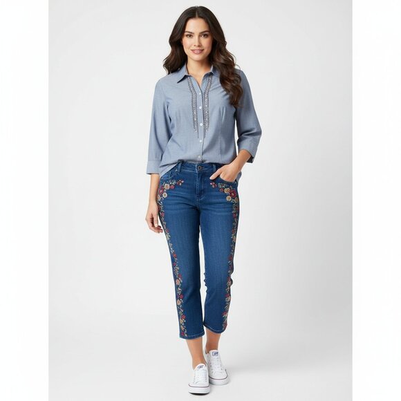 Chico's Tops - ADDITIONS By CHICO'S Sz 1/M Gray beaded Front Button Down Shirt Top 100% Cotton